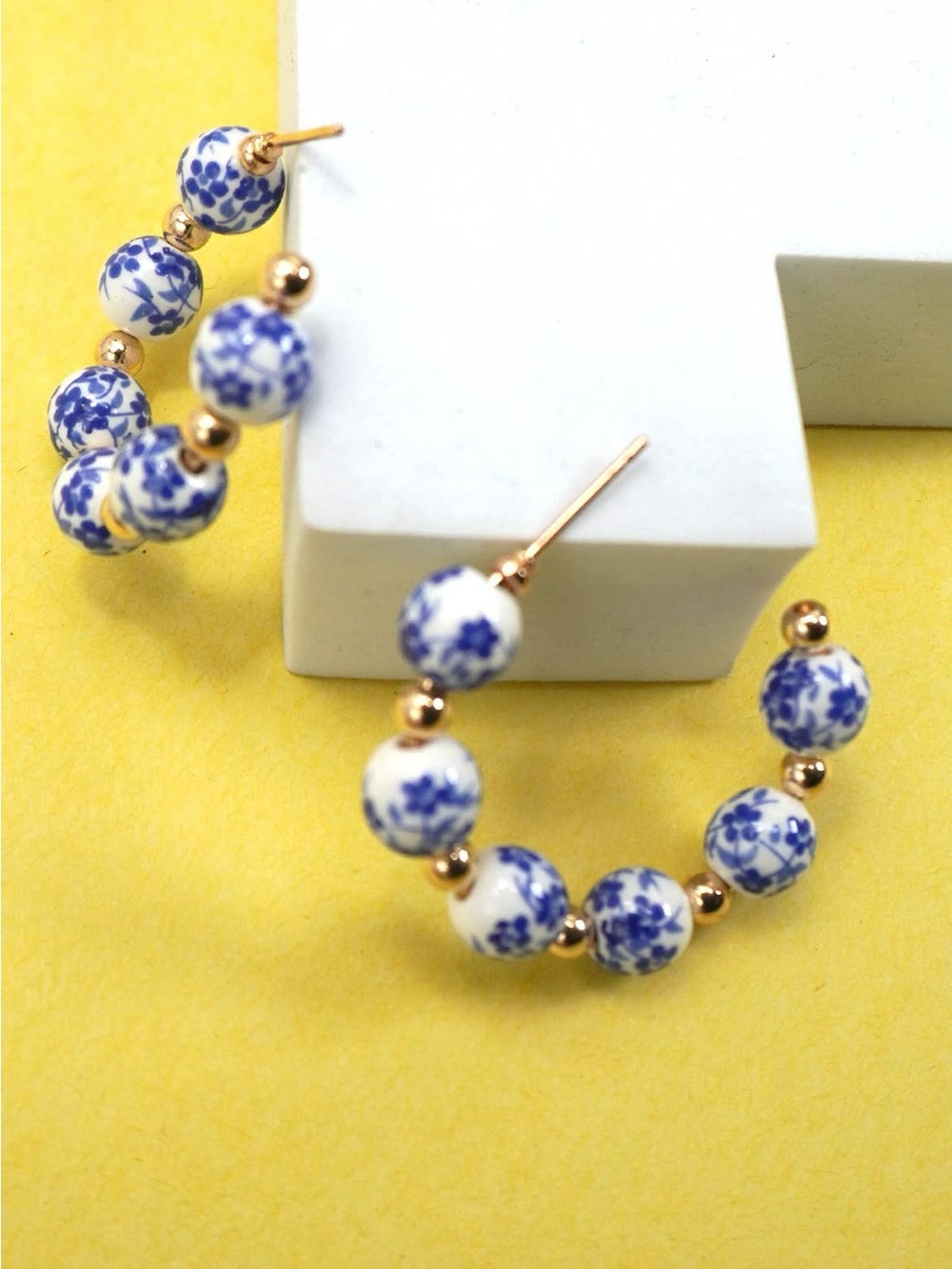 Waterproof Tarnish Free Blue & White Floral Bead Hoop Earrings with Gold Accents